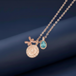 A close-up of rose gold pendant necklaces for women with 925 silver hallmark.