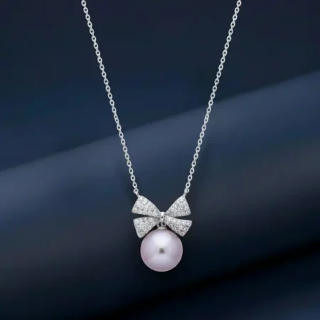 Silver Bow Pendant Chain in 925 Sterling Silver with Pearl