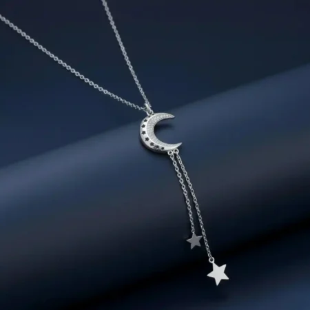 Silver Celestial Moon and Stars Chain Pendant