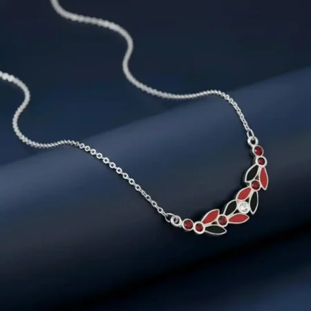 Silver Leaf Pendant Necklace with Red & Black Enamel Design