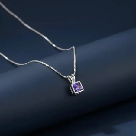 Square-Cut Blue Gem Pendant with delicate silver-tone chain by The VelvetBox.