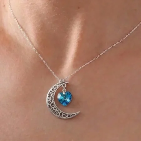Silver Oxidised Moon & Heart Crystal Chain Pendant.