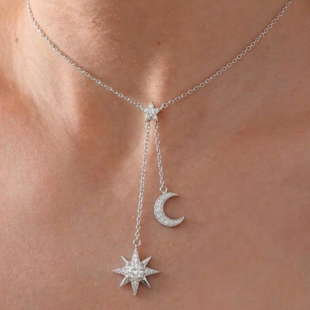 Elegant Moon and Star Pendant Necklace in Sterling Silver