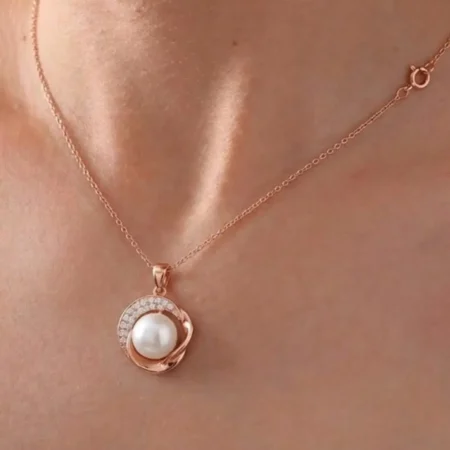 Silver Rose Gold Pearl Pendant & Chain