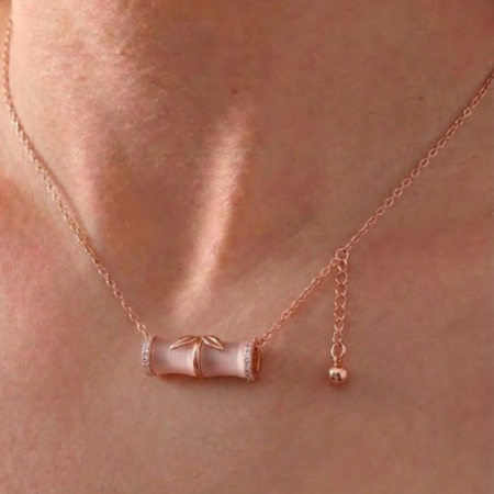 Silver Stylish Rose Gold Bamboo Charm Chain & Pendant with Sparkling Crystals