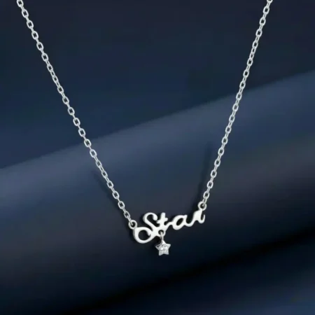 Silver Star Pendant with cursive script design and dangling star charm by The VelvetBox.