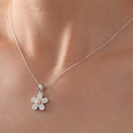 "Crystal Flower Pendant Necklace – Two-Tone Sparkle"