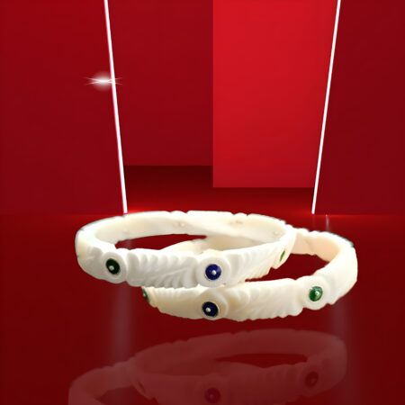 Pair of white bangles with carved feather design, adorned with alternating blue and green round stone accents