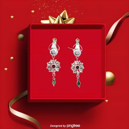 Traditional silver-toned floral drop earrings with red and green stone accents.