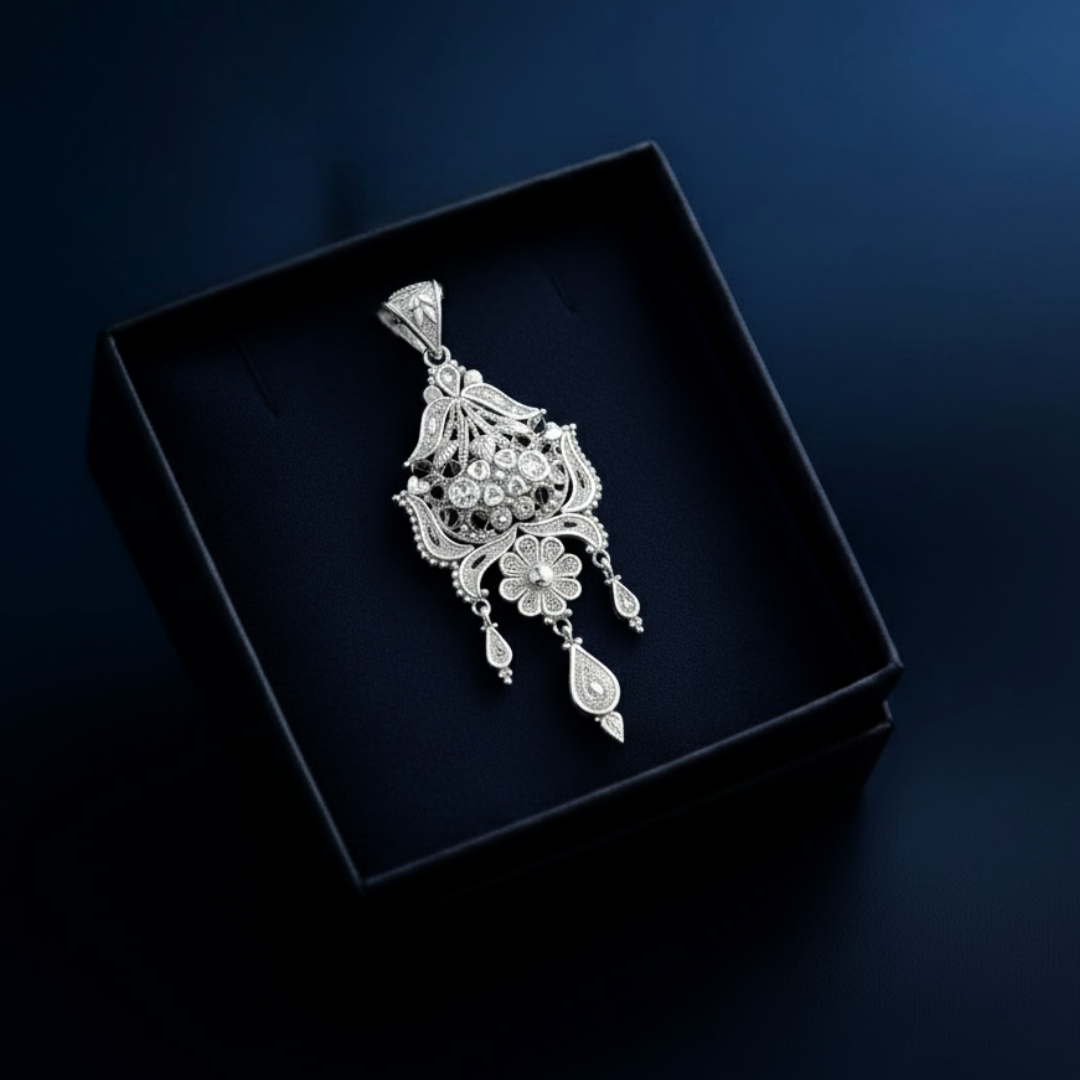 Close up of a Floral Silver Pendant in 925 sterling silver with cubic zirconia stones.