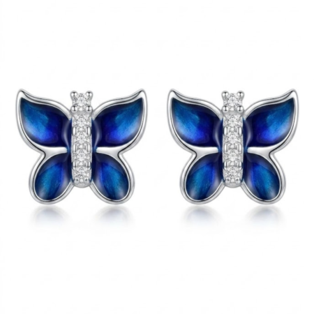 Blue Butterfly Stud Earrings in 925 Sterling Silver – Gift for Her