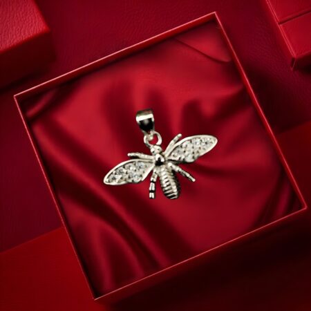 Silver bee pendant locket with crystal-studded wings