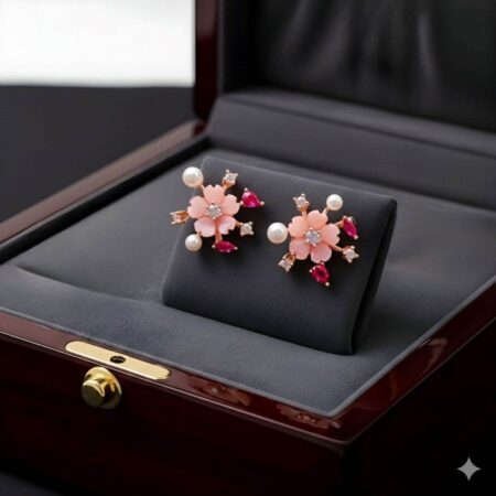 Elegant rose gold floral stud earrings featuring pink enamel petals, white pearls, sparkling diamonds, and pink gemstones in a delicate flower design
