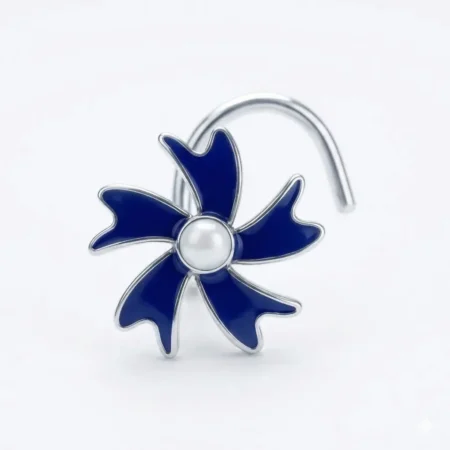 The Velvet Box Silver Floral Nose Pin with Blue Enamel & Opal Stone