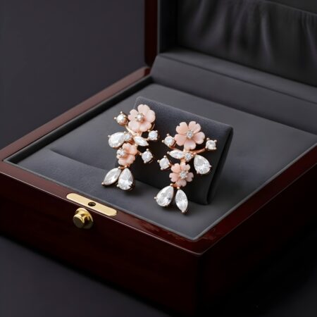 Elegant floral drop earrings featuring soft pink enamel flowers and sparkling teardrop-shaped crystals, displayed in a luxurious jewelry box.