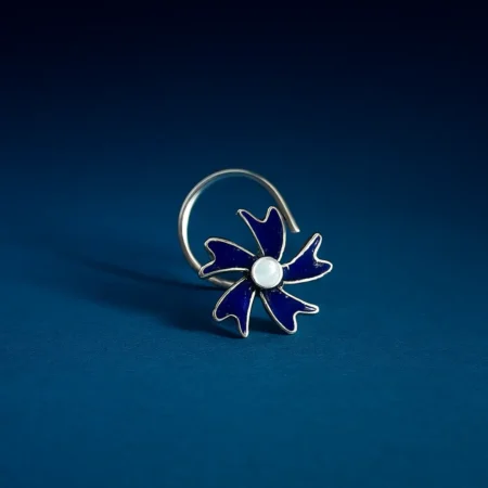 The Velvet Box Silver Floral Nose Pin with Blue Enamel & Opal Stone