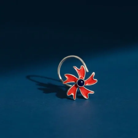 The Velvet Box Traditional Floral Silver Nose Pin with Vibrant Enamel Work