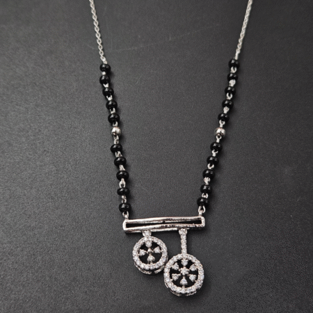 925 silver mangalsutra with black beaded chain and circular pendant design