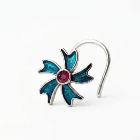 The Velvet Box Silver Floral Nose Pin with Turquoise Enamel & Pink Stone