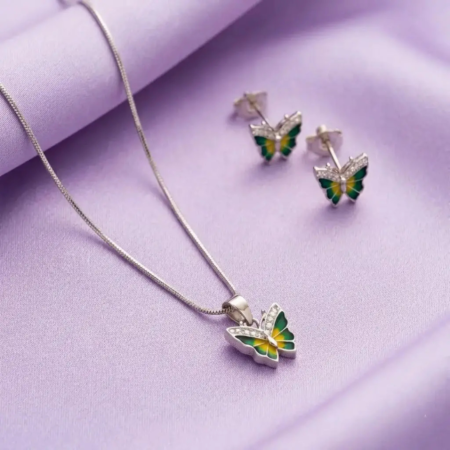The Velvet Box Elegant Silver Butterfly Pendant with Green Enamel Earrings Set