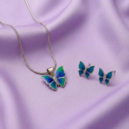 The Velvet Box Elegant Silver Butterfly Pendant Necklace & Earring Set