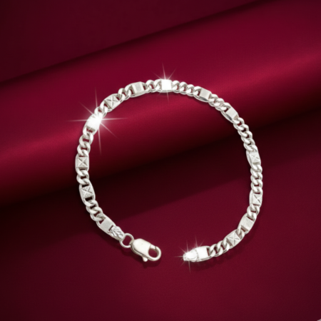 925 Sterling Silver Men's Curb Chain Bracelet with Etched