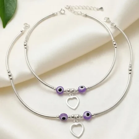 The Velvet Box Stylish Silver Anklet with Purple Evil Eye Beads and Heart Charm