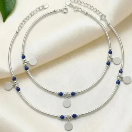The Velvet Box Modern Silver Anklet Design with Blue Bead Detailing