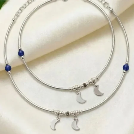The Velvet Box Silver Anklet with Blue Beads and Moon Motifs