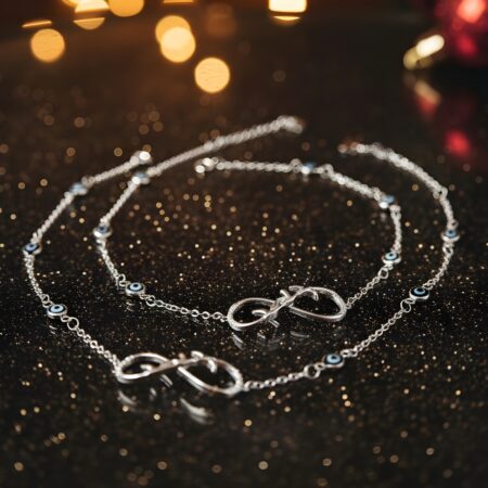 Silver anklet featuring an infinity charm and multiple blue evil eye beads on a delicate chain, designed for women
