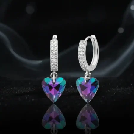 925 Silver Huggie Hoop Earrings with Aurora Heart Crystal Charms for Women