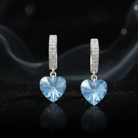 925 Silver Huggie Hoop Earrings with Blue Heart Crystal Charms for Women