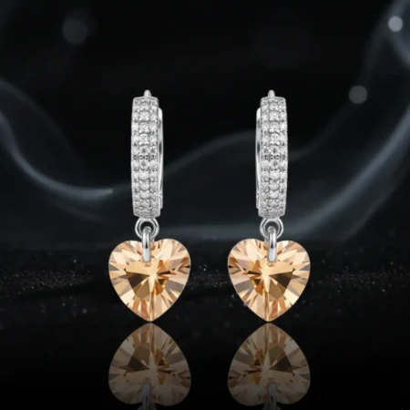 925 Silver Huggie Hoop Earrings with Champagne Heart Crystal Charms for Women