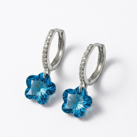 925 Silver Huggie Hoop Earrings with Blue Crystal Flower Charms for Women