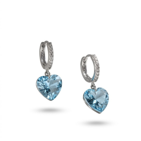 925 Silver Huggie Hoop Earrings with Blue Heart Crystal Charms for Women