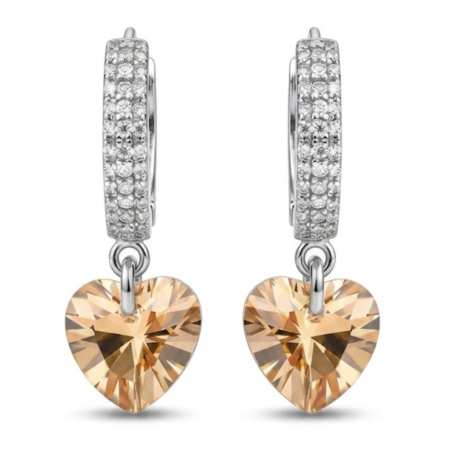925 Silver Huggie Hoop Earrings with Champagne Heart Crystal Charms for Women