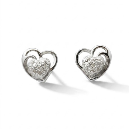 925 Silver Women’s Heart Stud Earrings – Double Heart Design with Sparkling CZ Stones