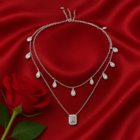 Elegant Layered Silver Necklace with Teardrop Motifs & Rectangular Pendant for Women