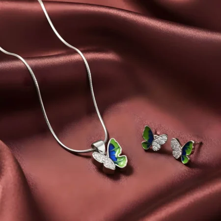925 Sterling Silver Colorful Butterfly Pendant Necklace with Matching Stud Earrings for Women & Girls