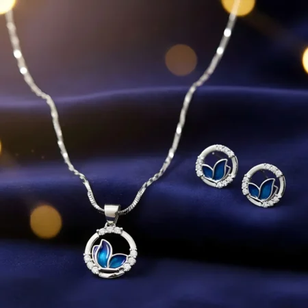 925 Sterling Silver Blue Butterfly Circle Pendant Necklace with Matching Stud Earrings for Women & Girls