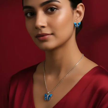 Blue Enamel Butterfly Silver Necklace & Stud Earrings Set | Elegant Pendant Jewelry Set for Women
