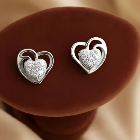925 Sterling Silver Double Heart CZ Stud Earrings for Women | Sparkling Pavé Heart Design