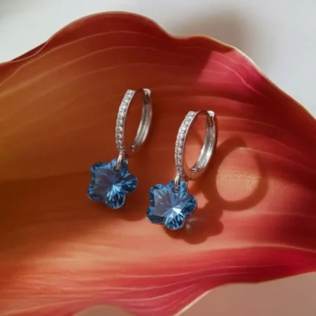 925 Sterling Silver CZ Hoop Earrings with Blue Crystal Flower Drop | Elegant Huggie Earrings for Women