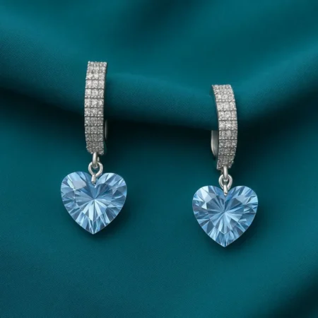 925 Sterling Silver Blue Crystal Heart Drop Earrings for Women | CZ Studded Bar with Heart Pendant
