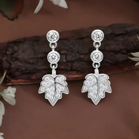 925 Sterling Silver CZ Leaf Drop Earrings for Women | Double Round Stone Stud with Sparkling Leaf Dangle