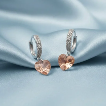 925 Sterling Silver CZ Huggie Hoop Earrings with Faceted Heart Crystal Drop | Elegant Silver Hoop Earrings for Women