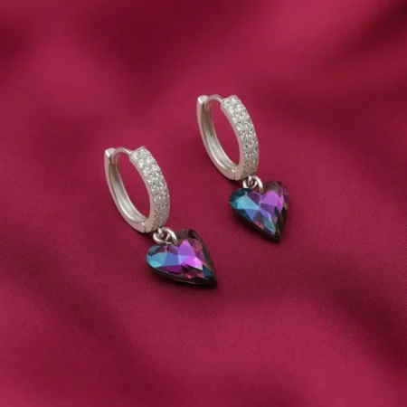 925 Sterling Silver Multicolor Heart Crystal Hoop Earrings | CZ Studded Hoop Drop Earrings for Women