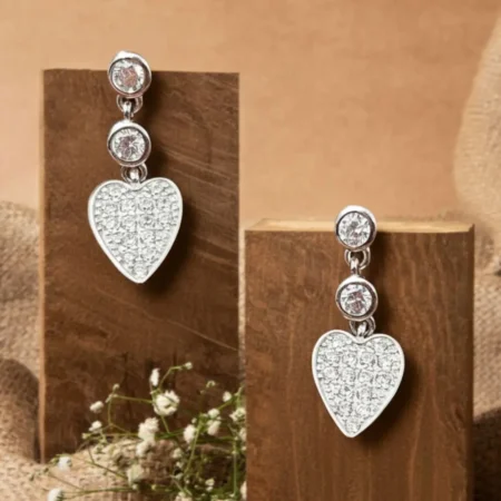 925 Sterling Silver Heart Drop Earrings for Women | Double Round Stone Stud with Sparkling Heart Dangle