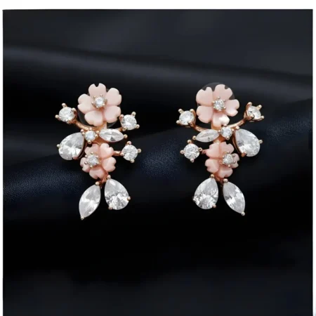 925 Sterling Silver Rose Gold Floral CZ Stud Earrings for Women | Elegant Flower Design Silver Studs