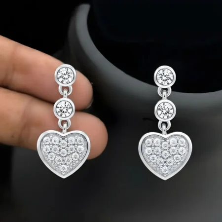 925 Sterling Silver CZ Heart Drop Earrings for Women | Double Stone Stud with Heart Dangle Earrings